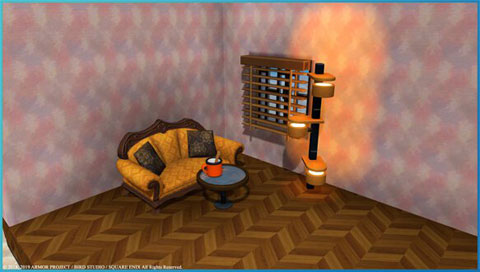  the corner of a modern room, decorated with a couch, a small tea table, next to a window with louvers  